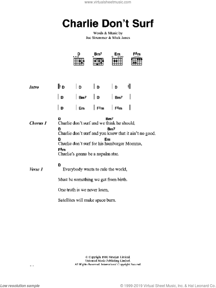 Charlie Don't Surf sheet music for guitar (chords) by The Clash, Joe Strummer and Mick Jones, intermediate skill level