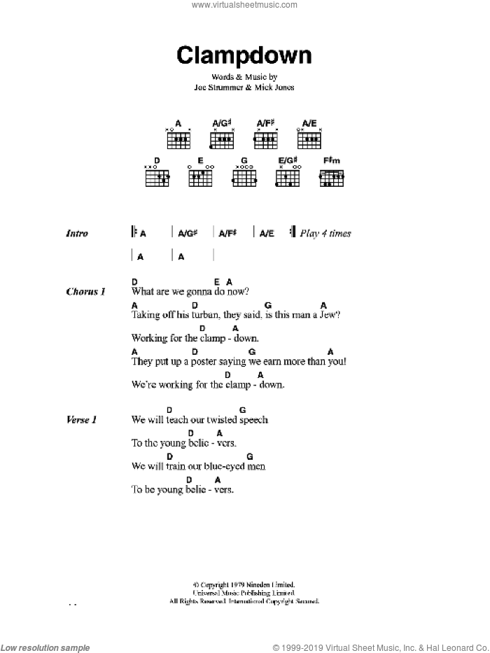 Clampdown sheet music for guitar (chords) by The Clash, Joe Strummer and Mick Jones, intermediate skill level