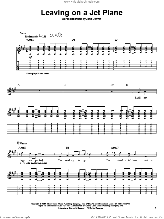 Leaving On A Jet Plane sheet music for guitar (tablature, play-along) by Peter, Paul & Mary and John Denver, intermediate skill level