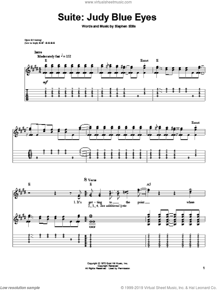 Suite: Judy Blue Eyes sheet music for guitar (tablature, play-along) by Crosby, Stills & Nash and Stephen Stills, intermediate skill level