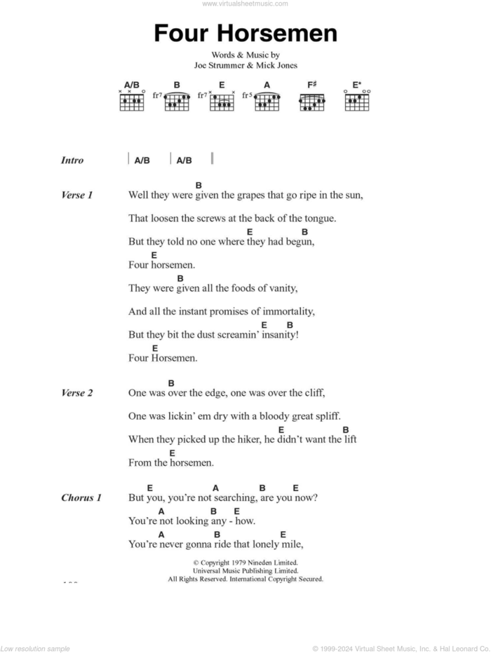 Four Horsemen sheet music for guitar (chords) by The Clash, Joe Strummer and Mick Jones, intermediate skill level