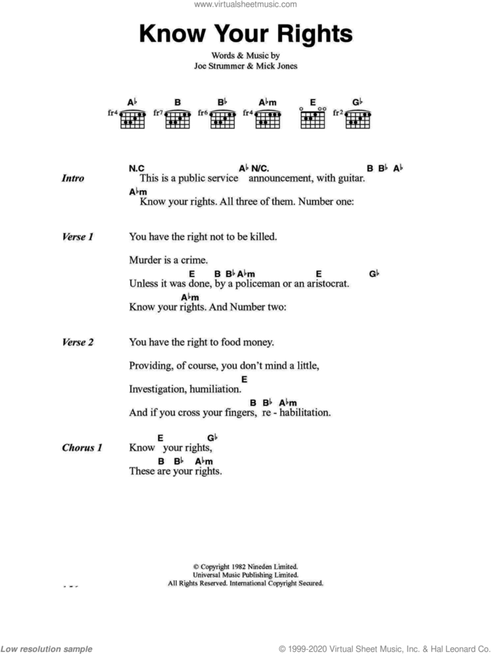 Know Your Rights sheet music for guitar (chords) by The Clash, Joe Strummer and Mick Jones, intermediate skill level