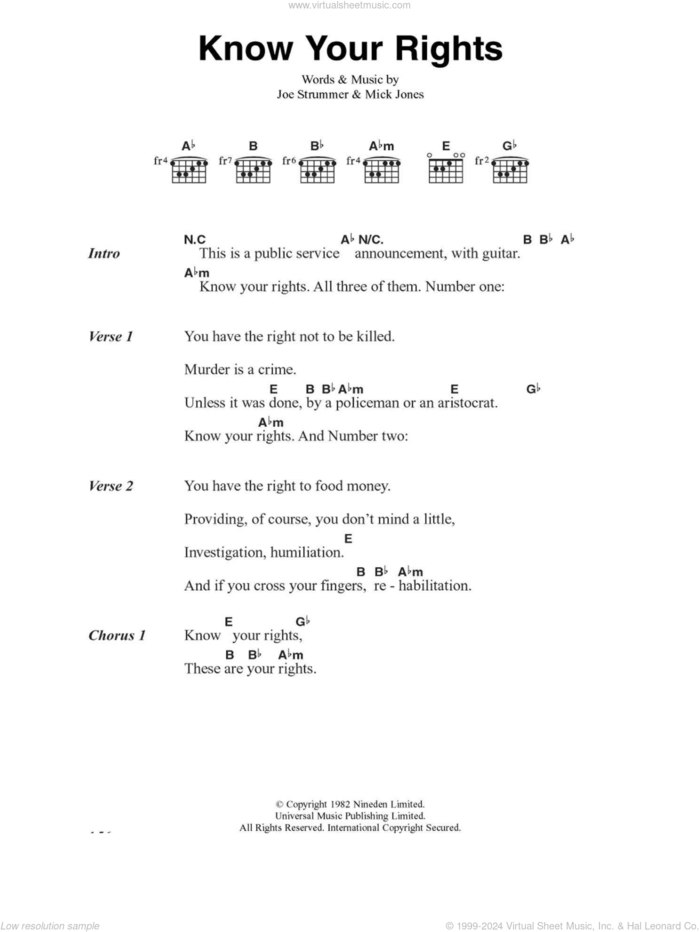 Know Your Rights sheet music for guitar (chords) by The Clash, Joe Strummer and Mick Jones, intermediate skill level