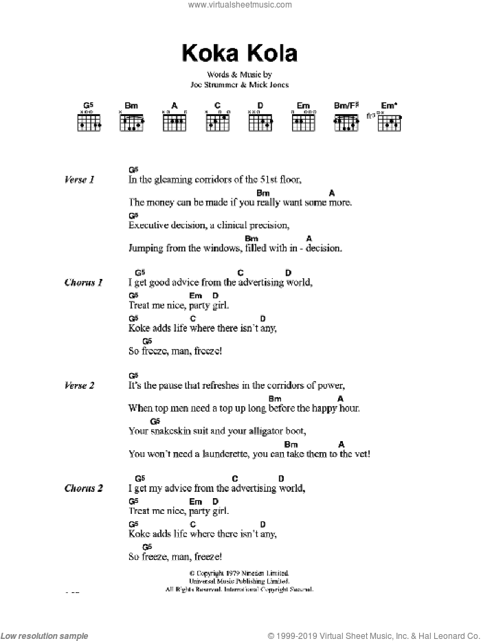 Koka Kola sheet music for guitar (chords) by The Clash, Joe Strummer and Mick Jones, intermediate skill level