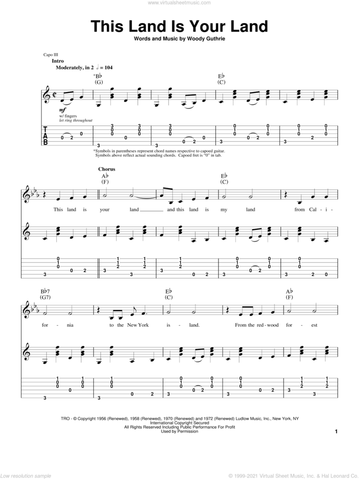 This Land Is Your Land sheet music for guitar (tablature, play-along) by Woody Guthrie, Arlo Guthrie and New Christy Minstrels, intermediate skill level