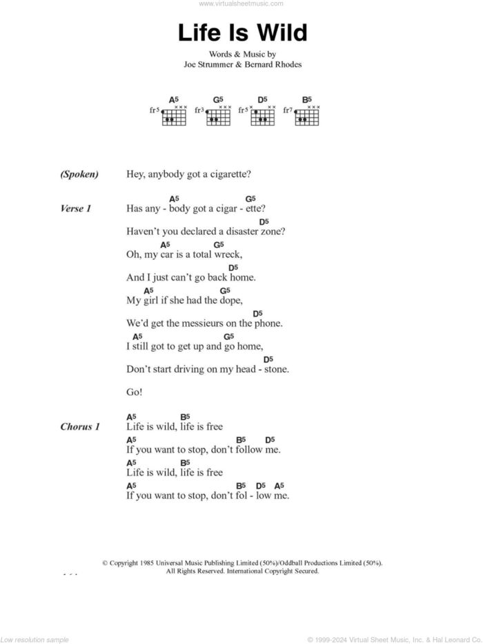 Life Is Wild sheet music for guitar (chords) by The Clash, Bernard Rhodes and Joe Strummer, intermediate skill level