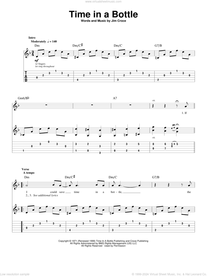 Time In A Bottle sheet music for guitar (tablature, play-along) by Jim Croce, intermediate skill level