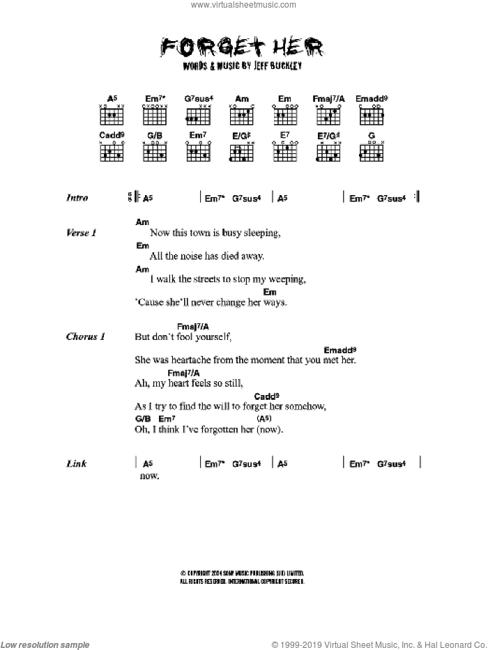 Forget Her sheet music for guitar (chords) by Jeff Buckley, intermediate skill level