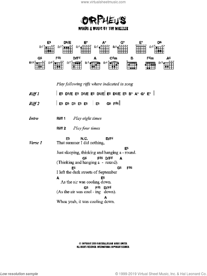 Orpheus sheet music for guitar (chords) by Tim Wheeler, intermediate skill level