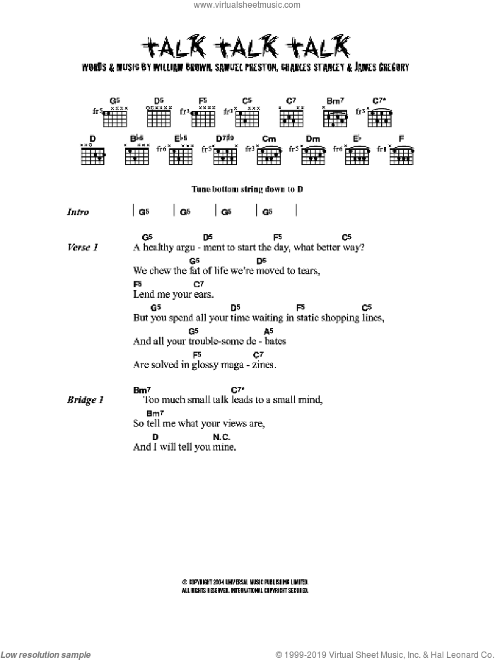 Talk Talk Talk sheet music for guitar (chords) by The Ordinary Boys, Charles Stanley, James Gregory, Samuel Preston and William Brown, intermediate skill level