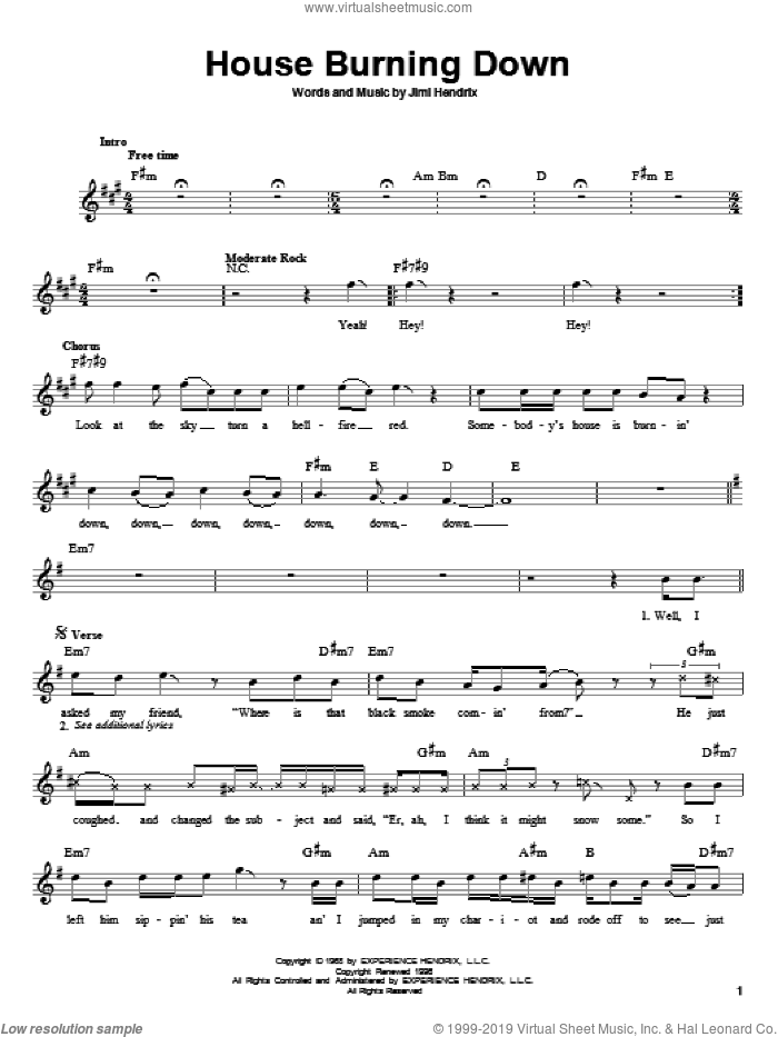 House Burning Down sheet music for guitar solo (chords) by Jimi Hendrix and Michelle Shocked, easy guitar (chords)