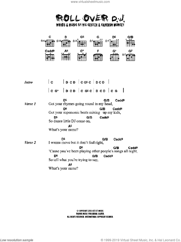 Rollover D. J. sheet music for guitar (chords) by Nic Cester and Cameron Muncey, intermediate skill level