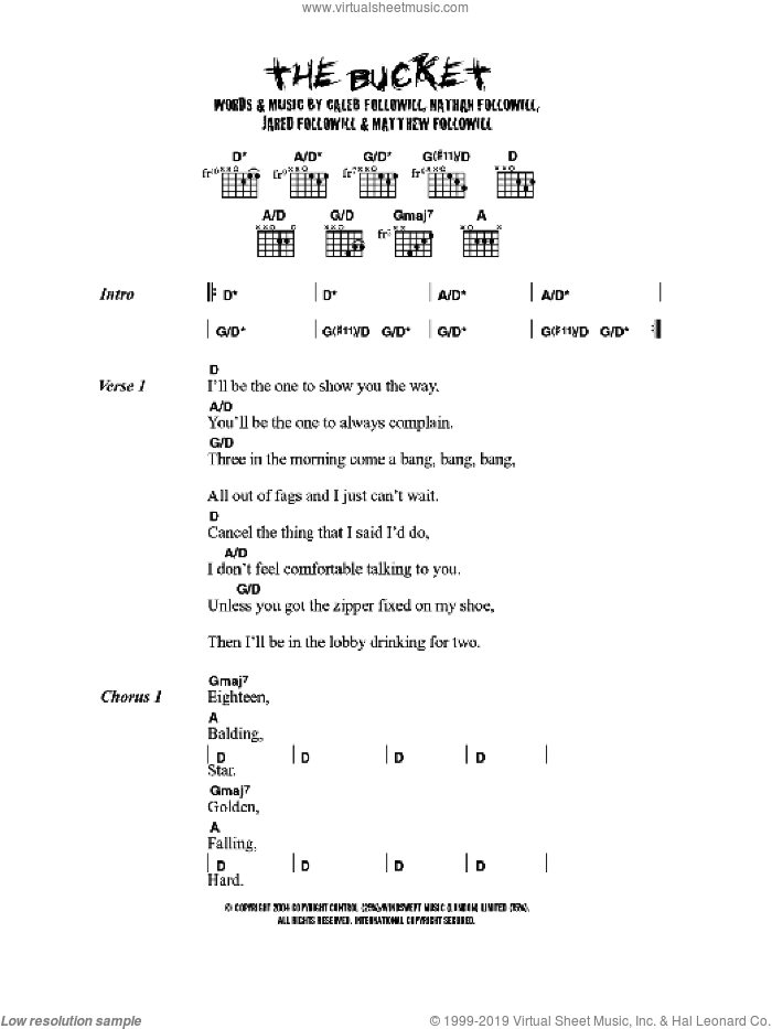 The Bucket sheet music for guitar (chords) by Kings Of Leon, Caleb Followill, Jared Followill, Matthew Followill and Nathan Followill, intermediate skill level