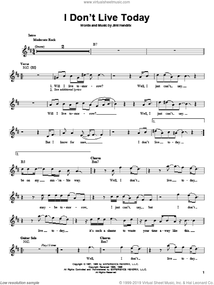 I Don't Live Today sheet music for guitar solo (chords) by Jimi Hendrix and Kenny Wayne Shepherd, easy guitar (chords)