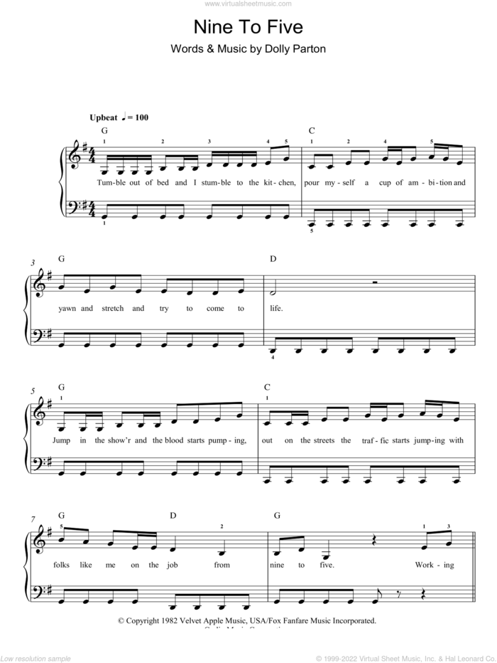 Nine To Five, (easy) sheet music for piano solo by Dolly Parton, easy skill level