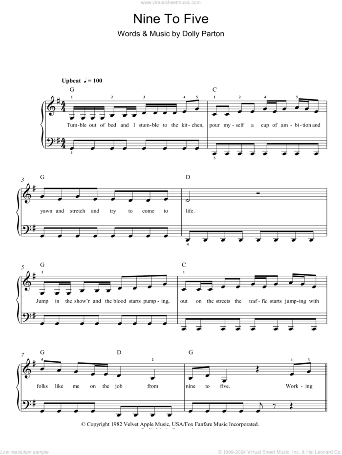 Nine To Five, (easy) sheet music for piano solo by Dolly Parton, easy skill level