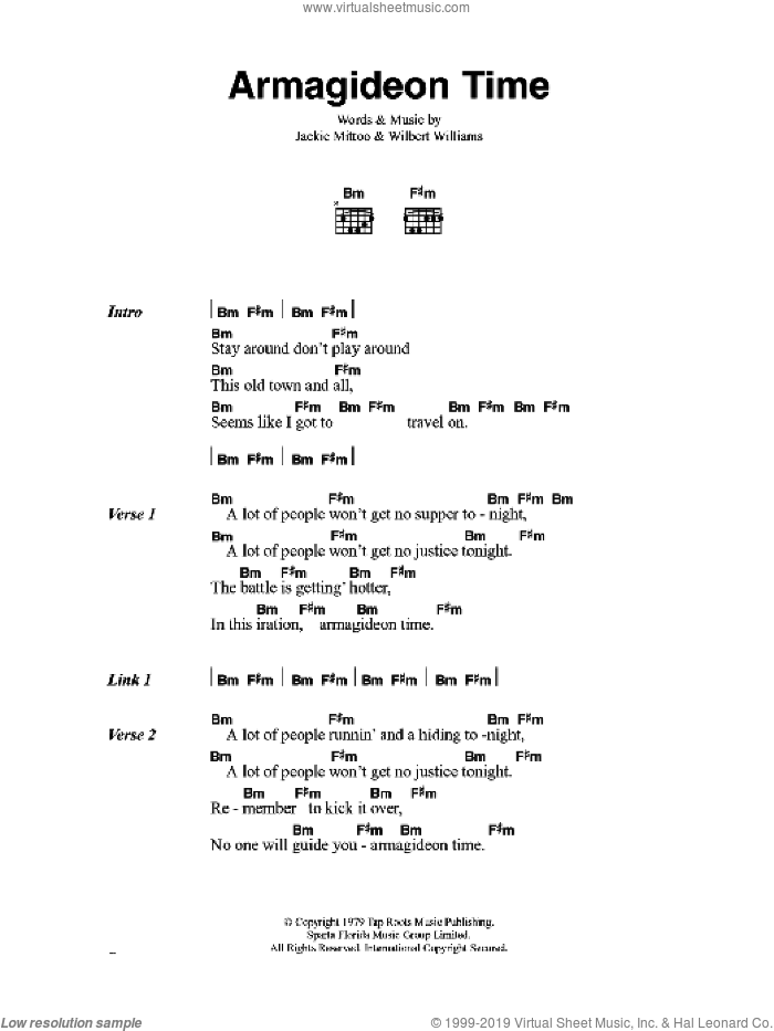 Armagideon Time sheet music for guitar (chords) by The Clash, Jackie Mittoo and Willi Williams, intermediate skill level