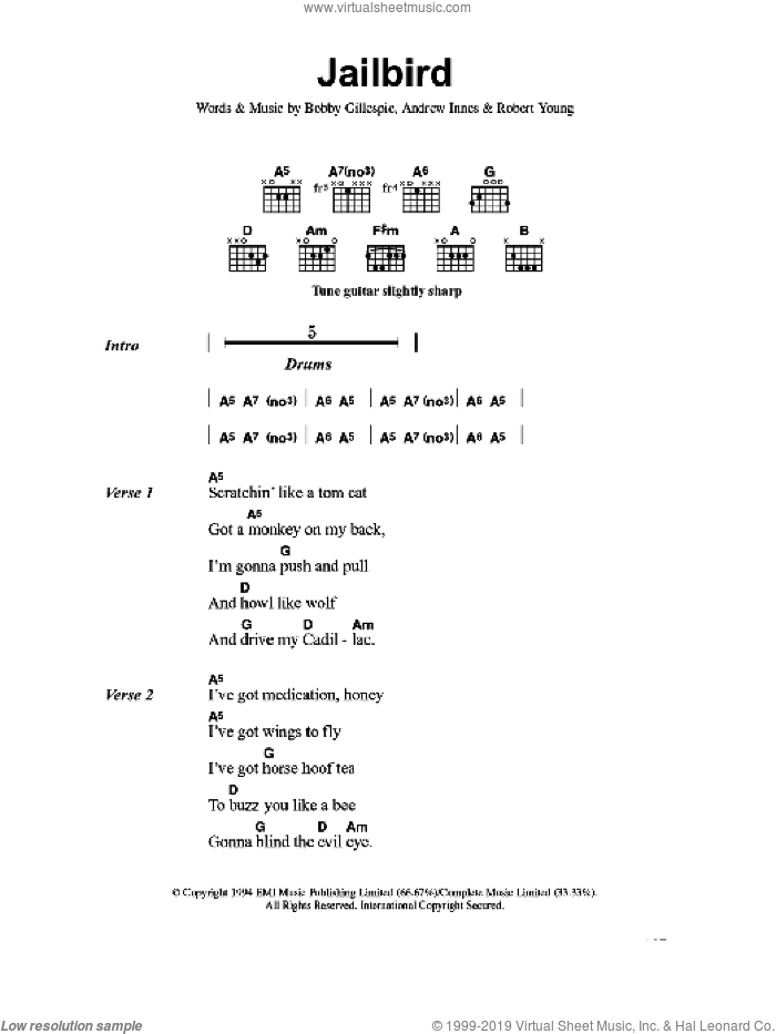 Jailbird sheet music for guitar (chords) by Primal Scream, Andrew Innes, Bobby Gillespie and Robert Young, intermediate skill level