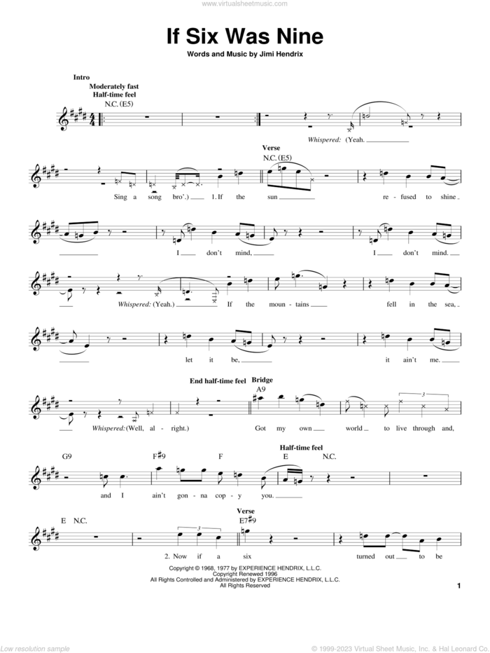 If Six Was Nine sheet music for guitar solo (chords) by Jimi Hendrix, easy guitar (chords)