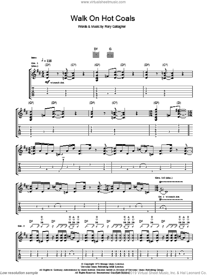 Walk On Hot Coals sheet music for guitar (tablature) by Rory Gallagher, intermediate skill level