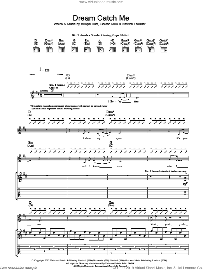 Dream Catch Me sheet music for guitar (tablature) by Newton Faulkner, Crispin Hunt and Gordon Mills, intermediate skill level
