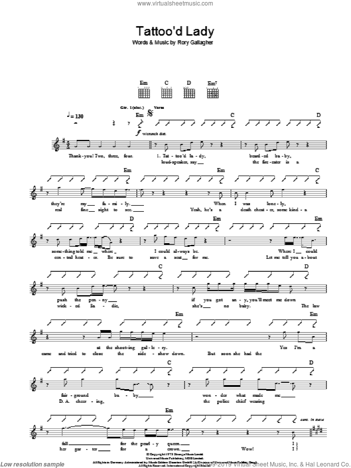 Tattoo'd Lady sheet music for guitar (tablature) by Rory Gallagher, intermediate skill level