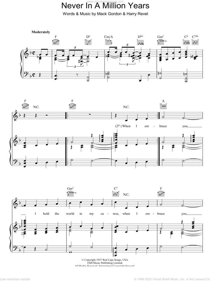 Never In A Million Years sheet music for voice, piano or guitar by Mack Gordon and Harry Revel, intermediate skill level