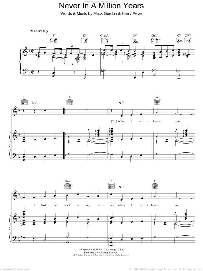 Never In A Million Years sheet music for voice, piano or guitar by Mack Gordon and Harry Revel, intermediate skill level