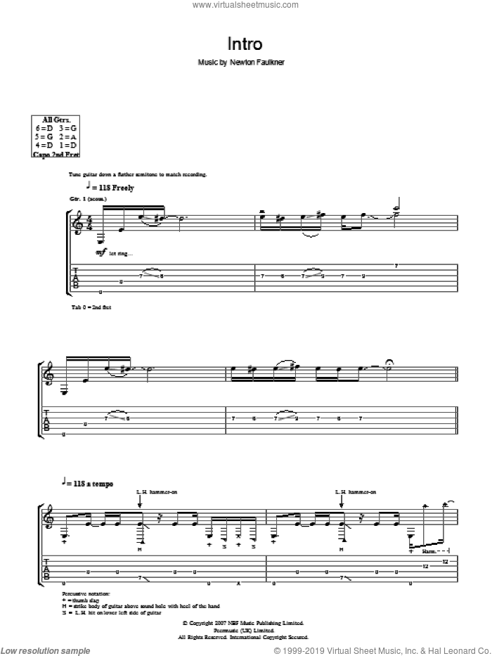 Intro sheet music for guitar (tablature) by Newton Faulkner, intermediate skill level