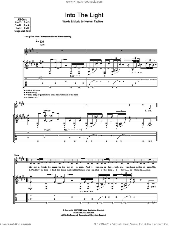 To The Light sheet music for guitar (tablature) by Newton Faulkner, intermediate skill level