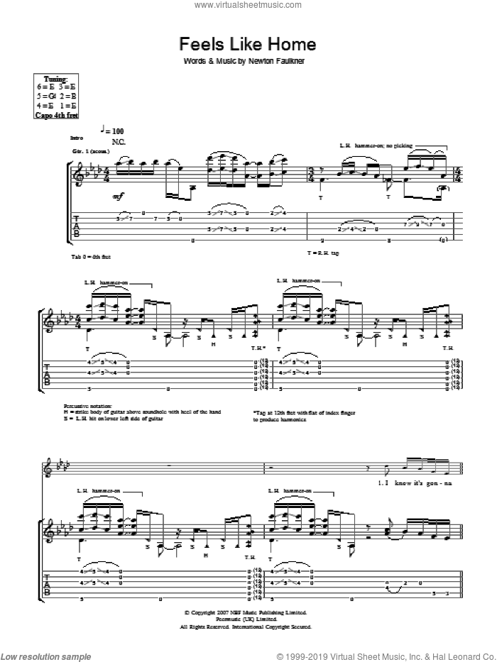 Feels Like Home sheet music for guitar (tablature) by Newton Faulkner, intermediate skill level