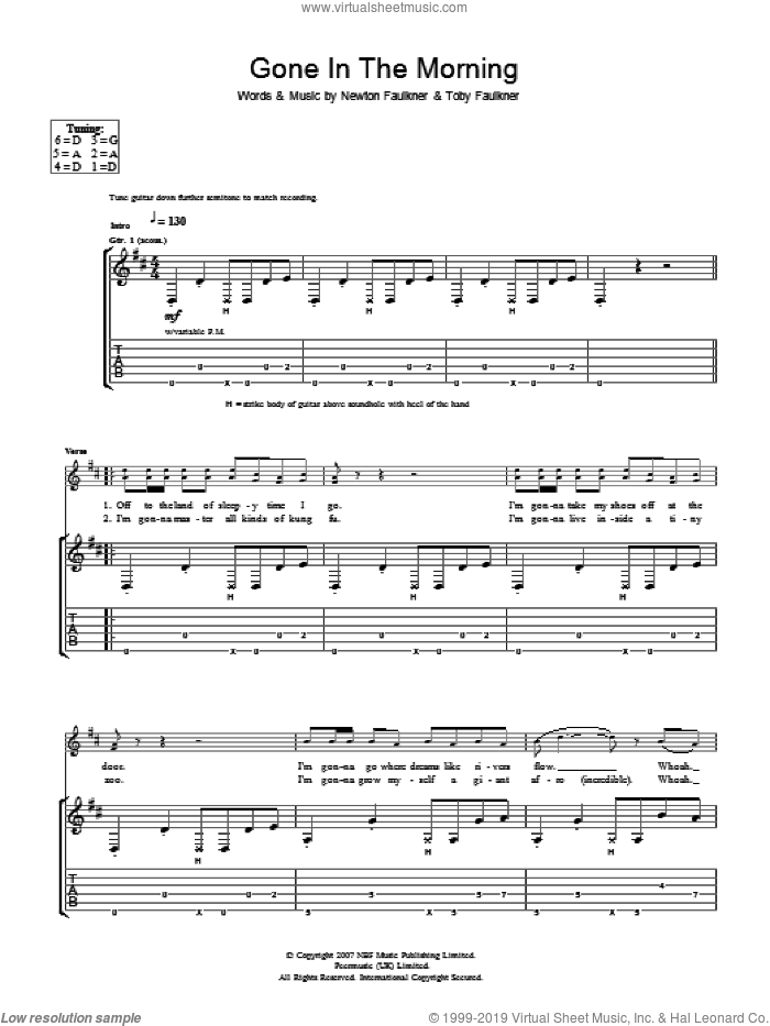 Gone In The Morning sheet music for guitar (tablature) by Newton Faulkner and Toby Faulkner, intermediate skill level