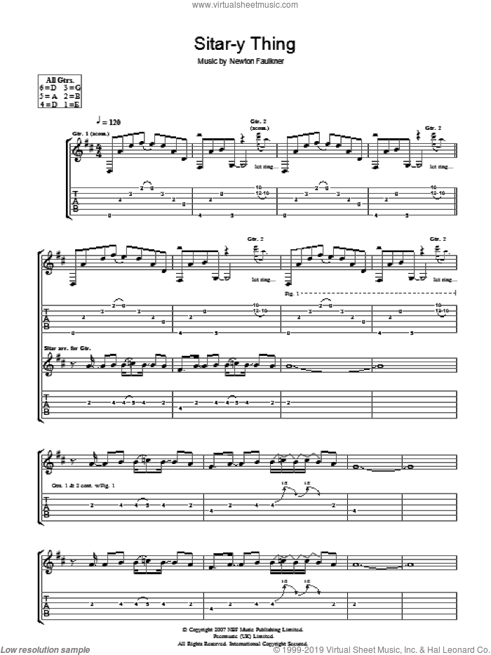 Sitar-y Thing sheet music for guitar (tablature) by Newton Faulkner, intermediate skill level