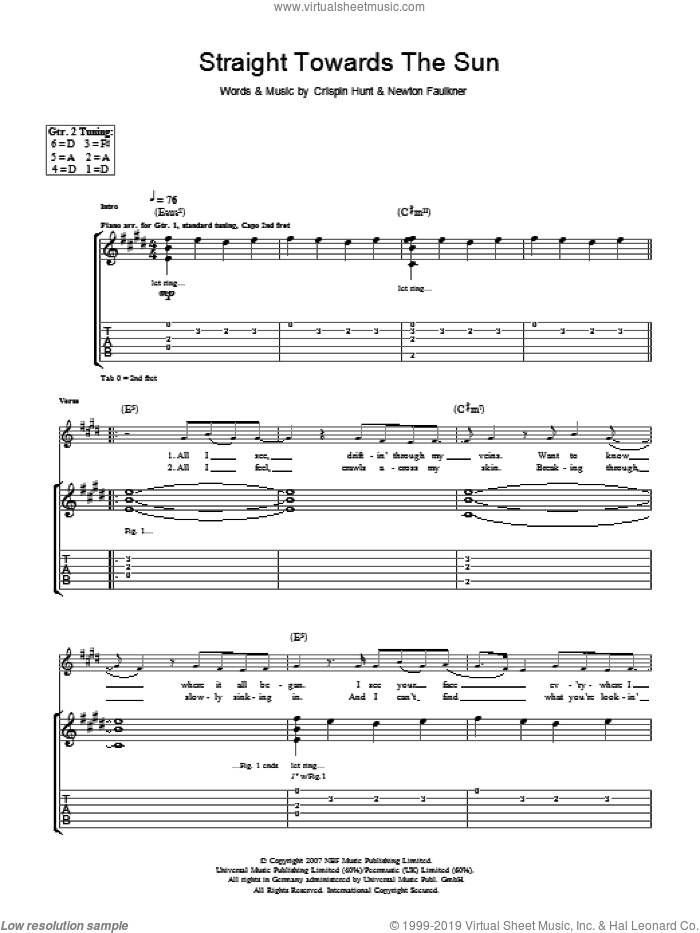 Straight Towards The Sun sheet music for guitar (tablature) by Newton Faulkner and Crispin Hunt, intermediate skill level