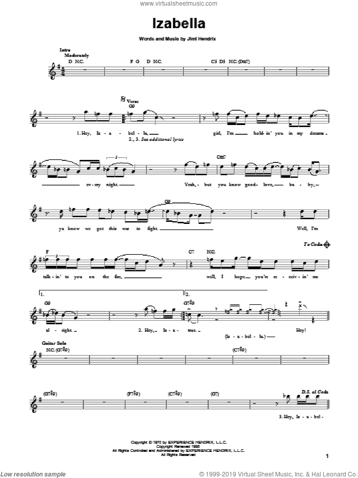 Izabella sheet music for guitar solo (chords) by Jimi Hendrix, easy guitar (chords)