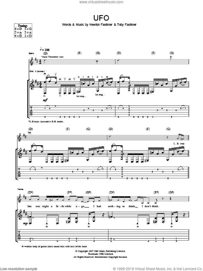 U.F.O. sheet music for guitar (tablature) by Newton Faulkner and Toby Faulkner, intermediate skill level