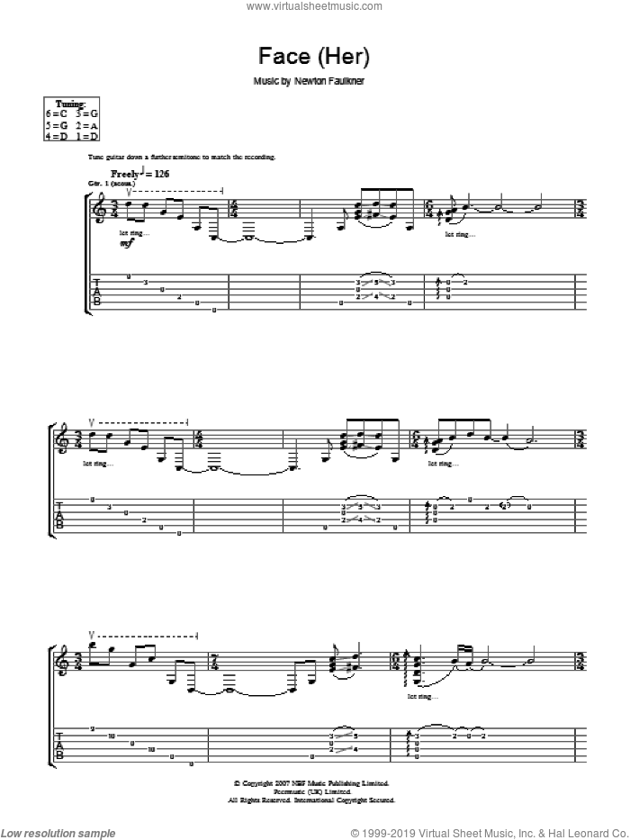 Face (Her) sheet music for guitar (tablature) by Newton Faulkner, intermediate skill level