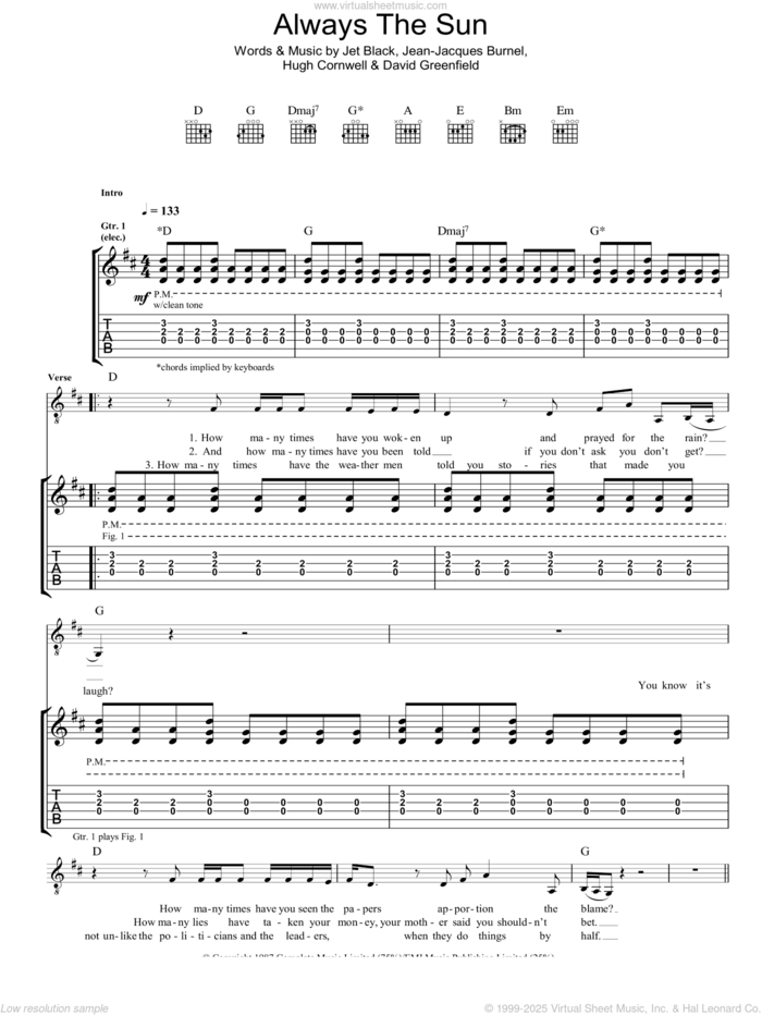 Always The Sun sheet music for guitar (tablature) by The Stranglers, David Greenfield, Hugh Cornwell, Jean-Jacques Burnel and Jet Black, intermediate skill level