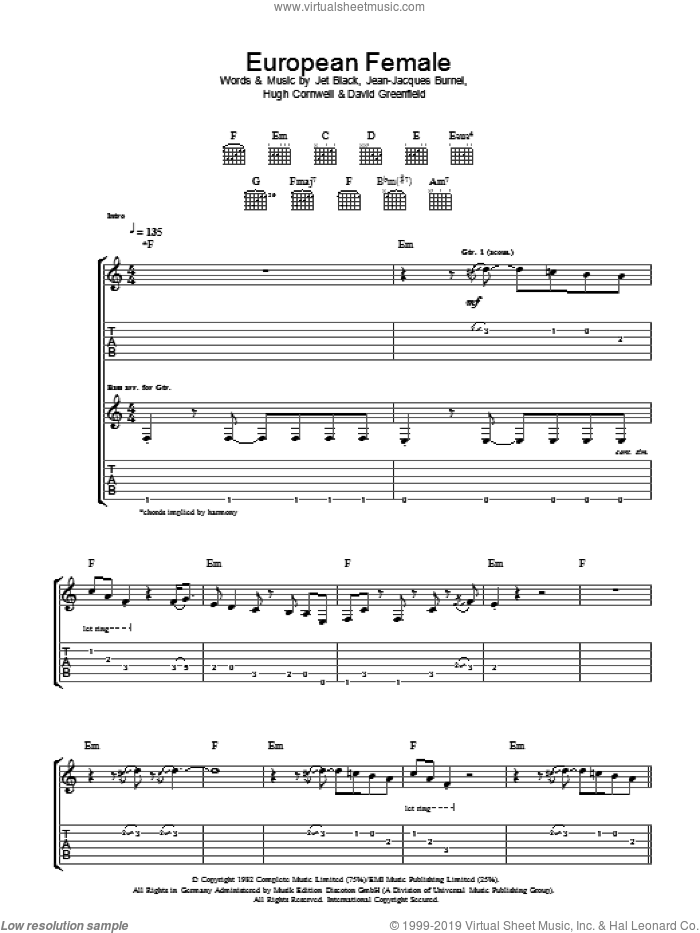 European Female sheet music for guitar (tablature) by The Stranglers, David Greenfield, Hugh Cornwell, Jean-Jacques Burnel and Jet Black, intermediate skill level