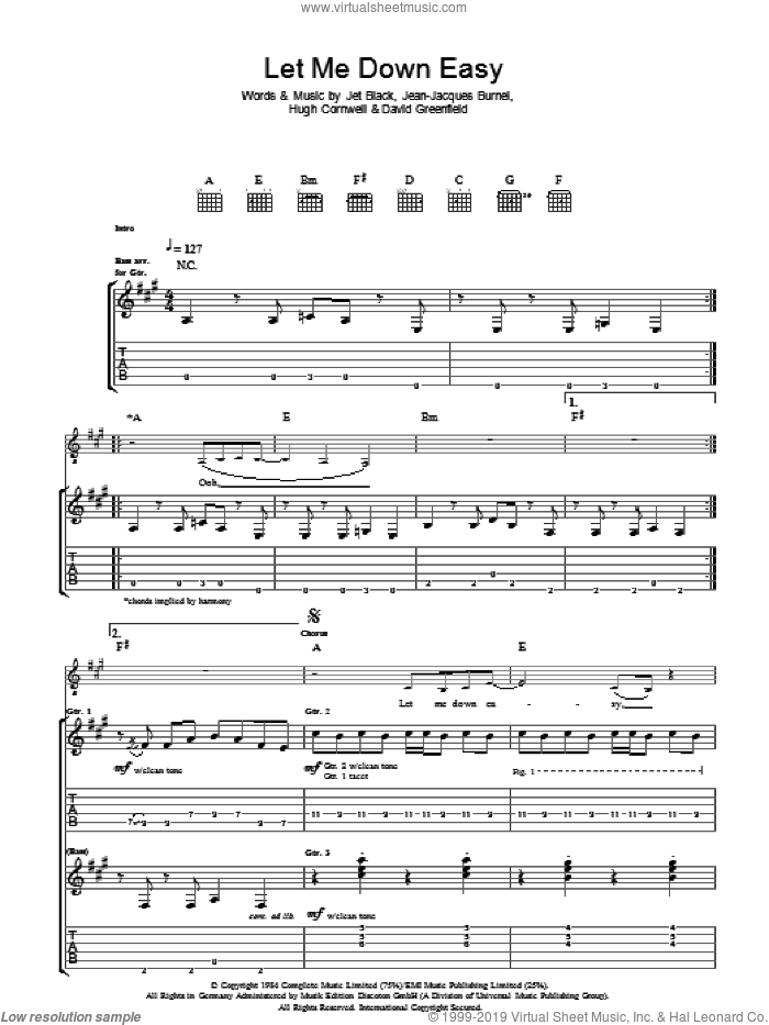 Let Me Down Easy sheet music for guitar (tablature) by The Stranglers, David Greenfield, Hugh Cornwell, Jean-Jacques Burnel and Jet Black, intermediate skill level