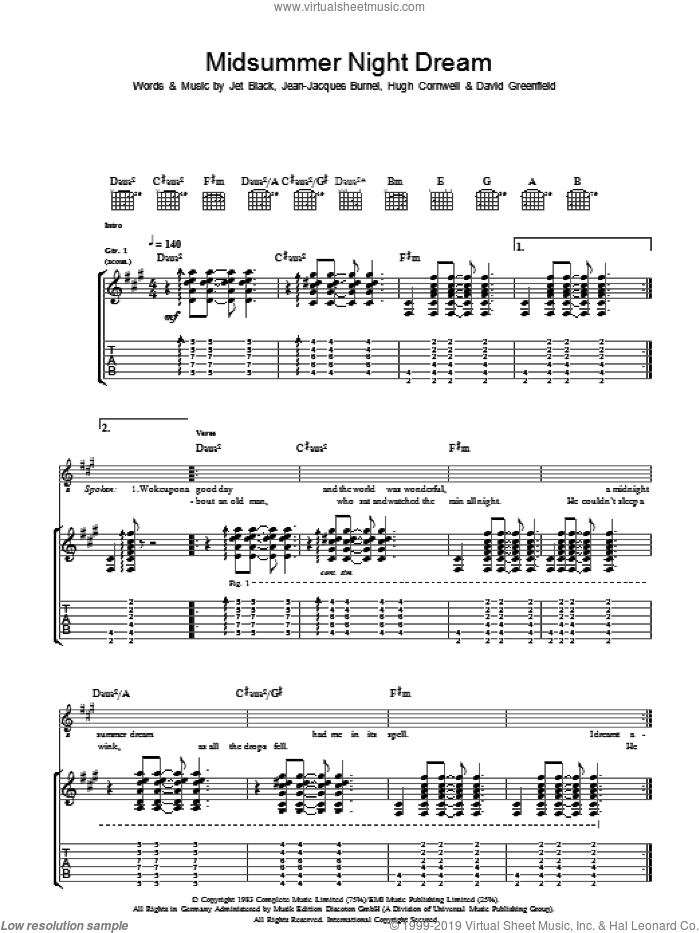 Midnight Summer Dream sheet music for guitar (tablature) by The Stranglers, David Greenfield, Hugh Cornwell, Jean-Jacques Burnel and Jet Black, intermediate skill level