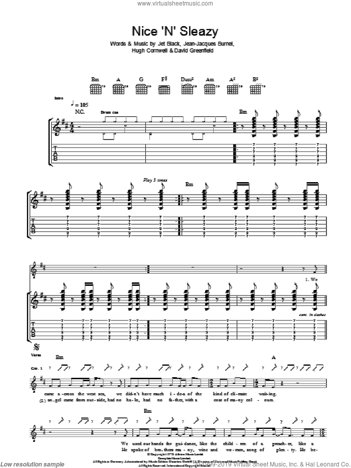 Nice 'N' Sleazy sheet music for guitar (tablature) by The Stranglers, David Greenfield, Hugh Cornwell, Jean-Jacques Burnel and Jet Black, intermediate skill level