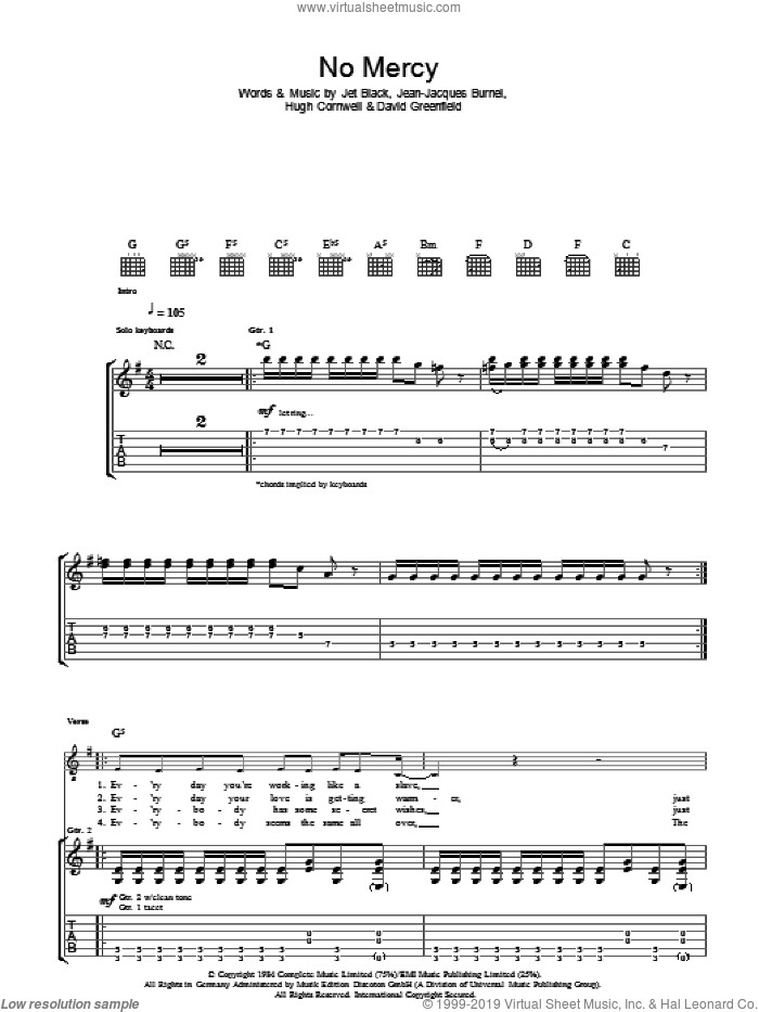 No Mercy sheet music for guitar (tablature) by The Stranglers, David Greenfield, Hugh Cornwell, Jean-Jacques Burnel and Jet Black, intermediate skill level