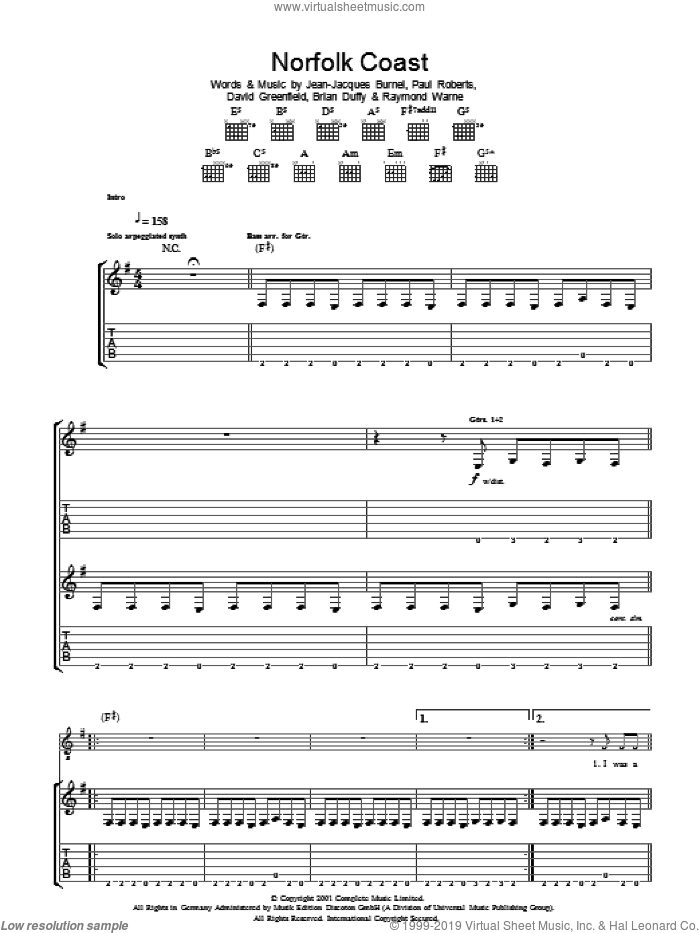 Norfolk Coast sheet music for guitar (tablature) by The Stranglers, Brian Duffy, David Greenfield, Jean-Jacques Burnel, Paul Roberts and Raymond Warne, intermediate skill level