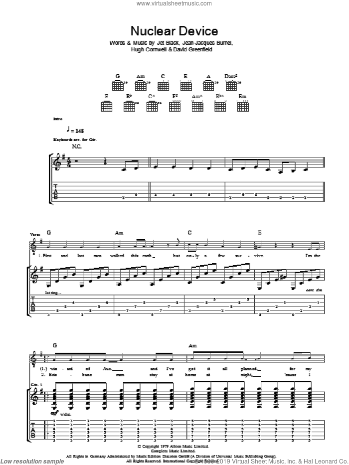 Nuclear Device sheet music for guitar (tablature) by The Stranglers, David Greenfield, Hugh Cornwell, Jean-Jacques Burnel and Jet Black, intermediate skill level