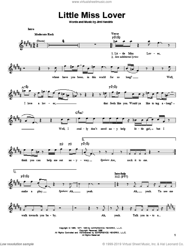 Little Miss Lover sheet music for guitar solo (chords) by Jimi Hendrix, easy guitar (chords)