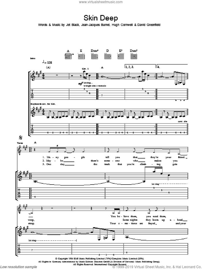 Skin Deep sheet music for guitar (tablature) by The Stranglers, David Greenfield, Hugh Cornwell, Jean-Jacques Burnel and Jet Black, intermediate skill level