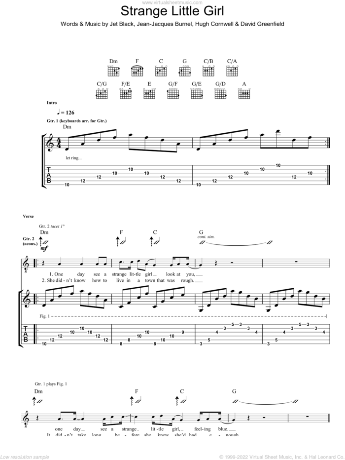 Strange Little Girl sheet music for guitar (tablature) by The Stranglers, David Greenfield, Hugh Cornwell, Jean-Jacques Burnel and Jet Black, intermediate skill level