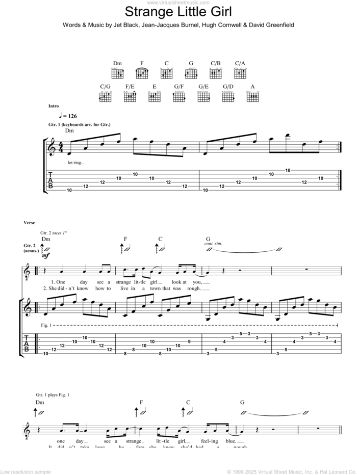 Strange Little Girl sheet music for guitar (tablature) by The Stranglers, David Greenfield, Hugh Cornwell, Jean-Jacques Burnel and Jet Black, intermediate skill level