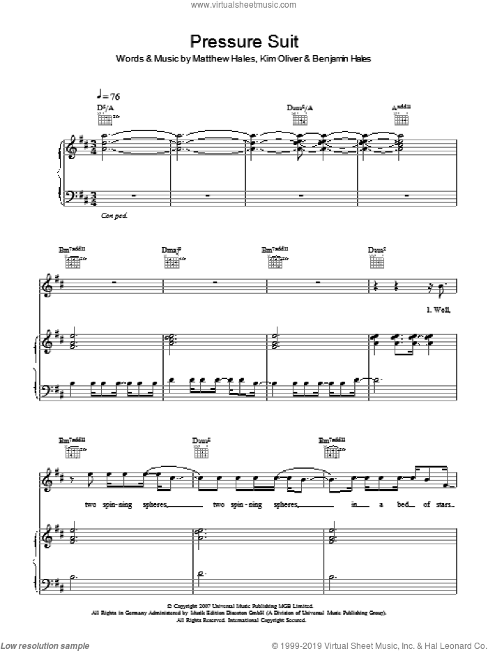 Pressure Suit sheet music for voice, piano or guitar by Aqualung, Benjamin Hales, Kim Oliver and Matthew Hales, intermediate skill level